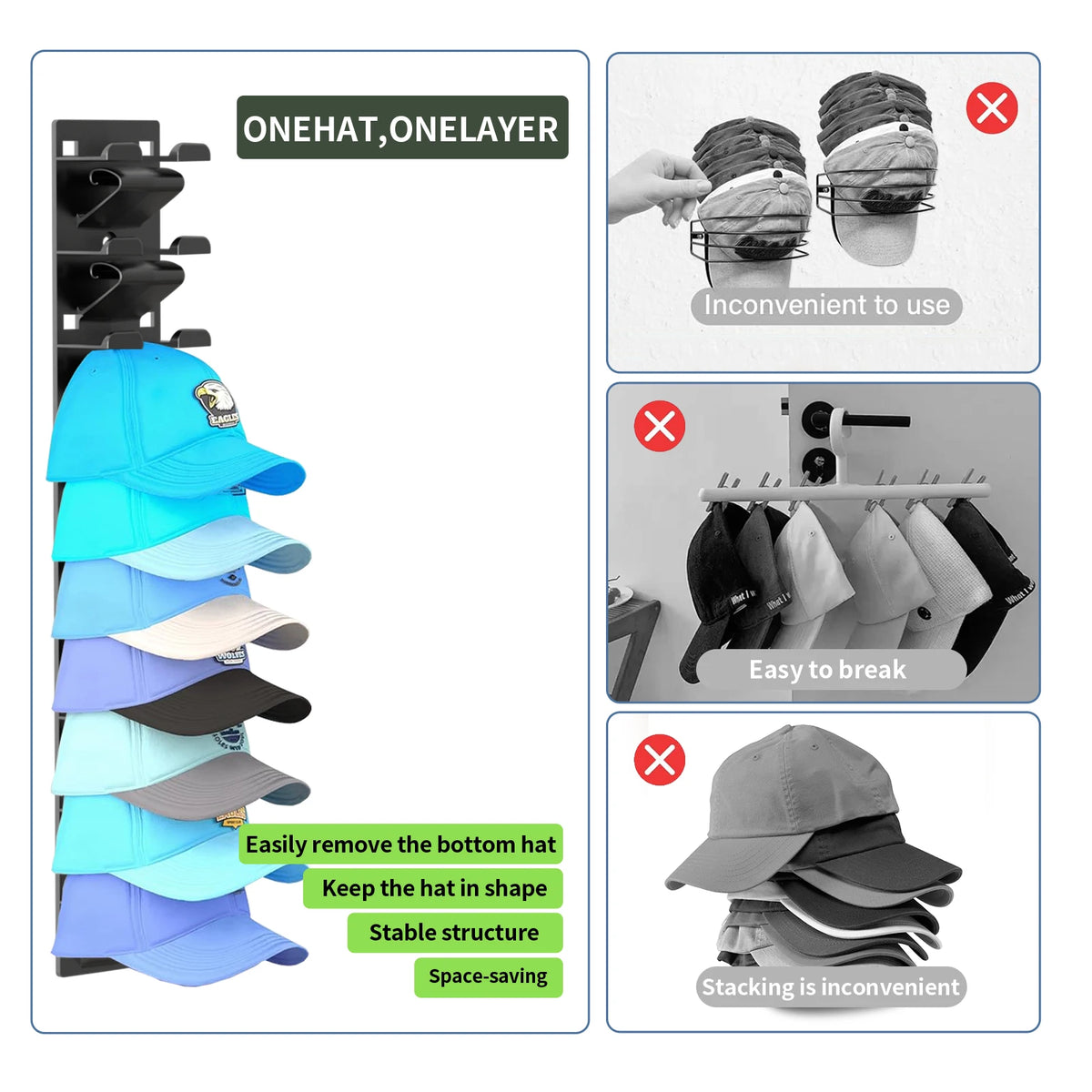 Wall-Mounted Hat Organizer - 2-Piece Set | Holds Up to 20 Caps